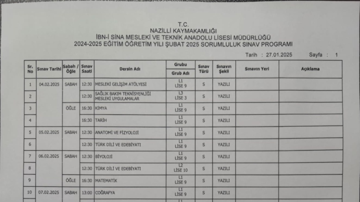 ŞUBAT 2025 SORUMLULUK SINAV TAKVİMİ